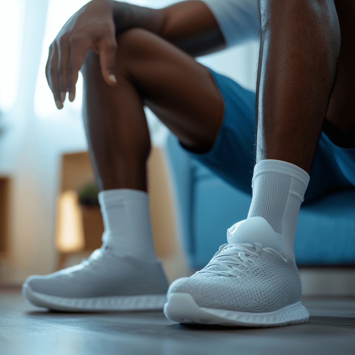 Detailed view of a man applying an ice pack on his Achilles tendon in a home environment, with casual home decor blurred in the background.