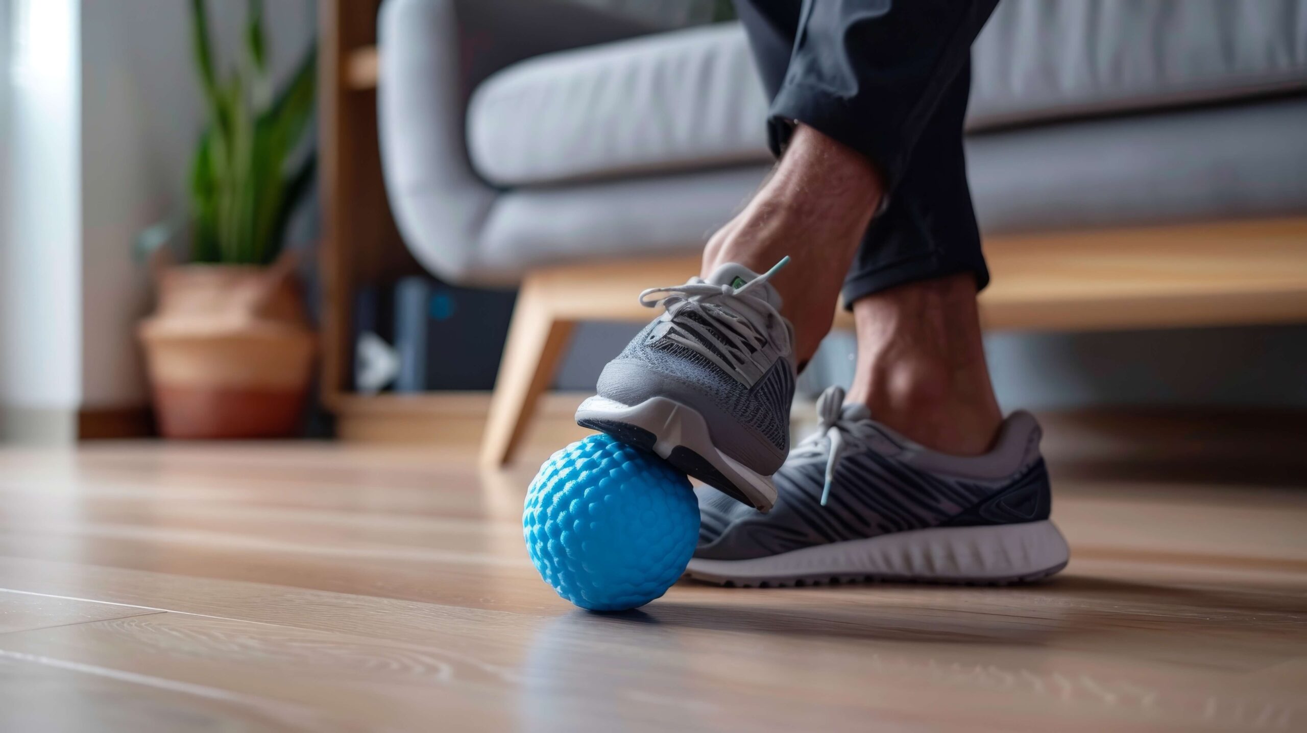 Man using massage ball to alleviate Achilles tendinitis discomfort.