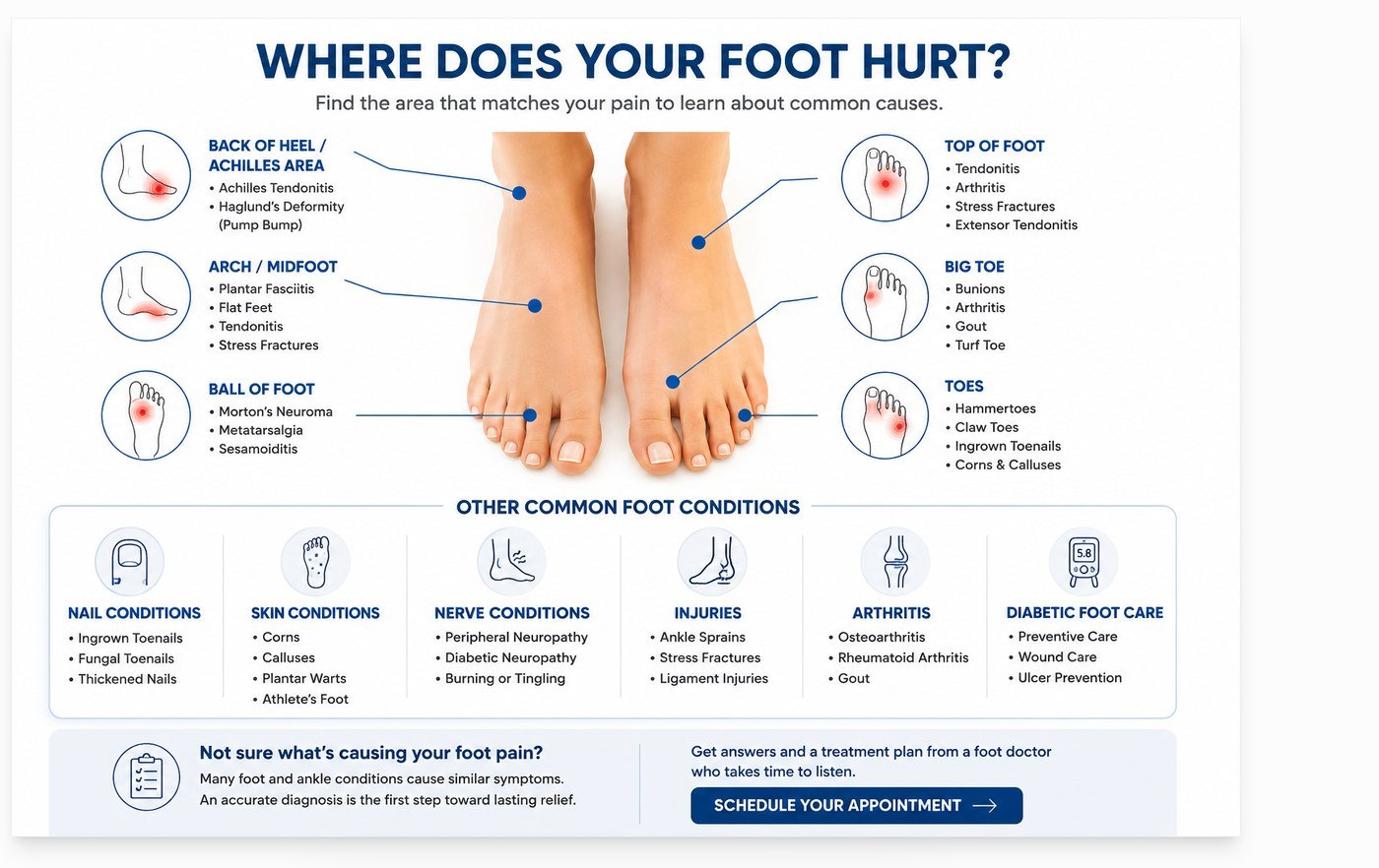 Where does your foot hurt? Find the area that matches your pain to learn about common causes.