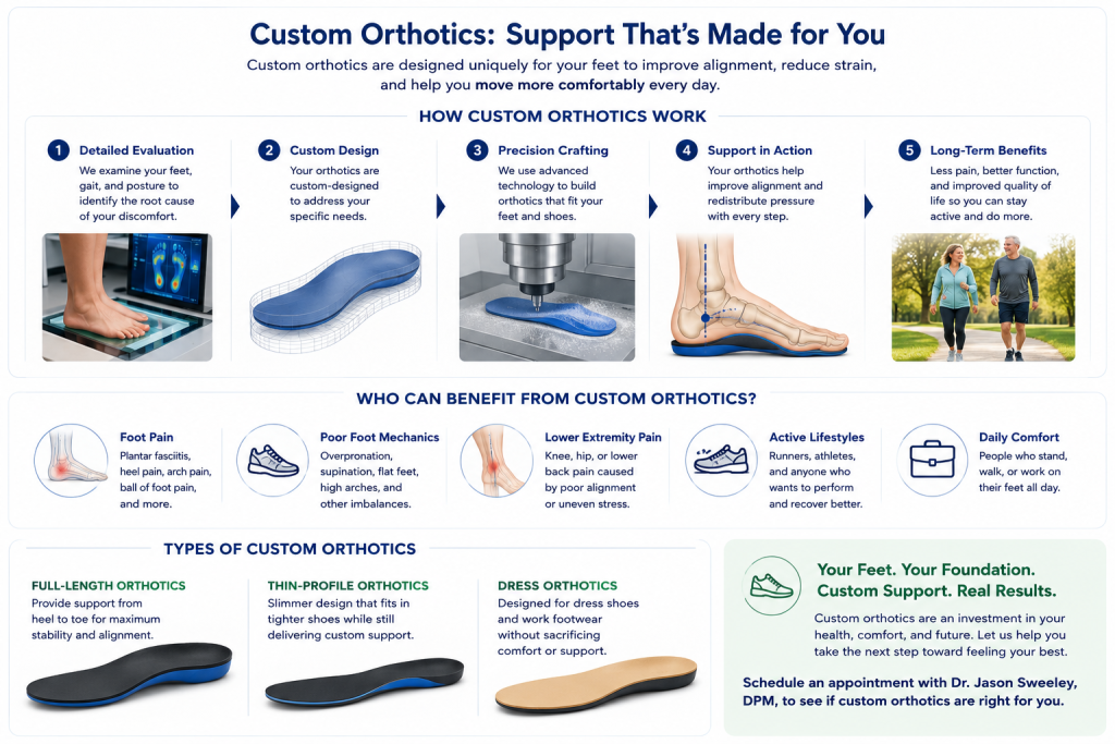 Custom orthotics vs. OTC inserts. Custom Orthotics uniquely fit your feet to improve alignment, reduce strain, and help you move more comfortably.
