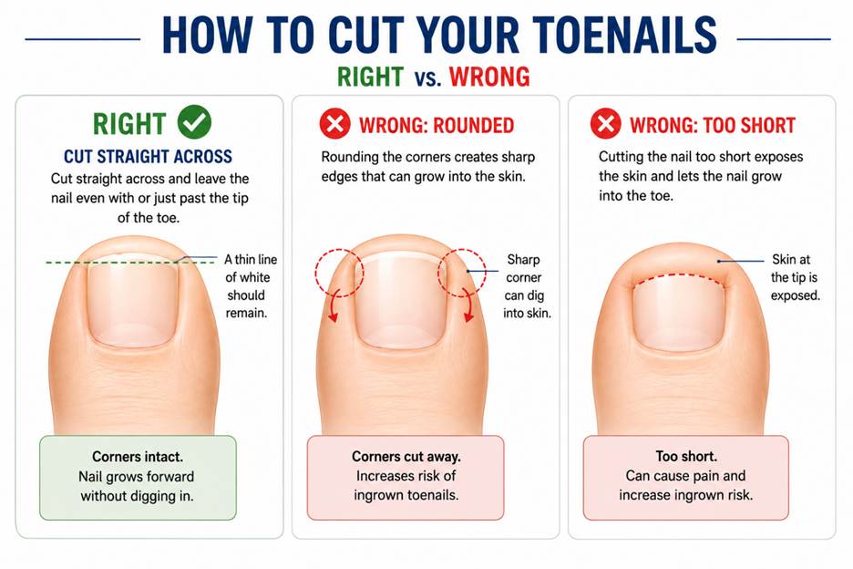 Illustration: How to Cut Your Toenails; learn the right way to cut them straight across