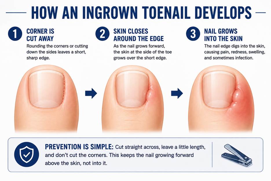 Illustration: How an Ingrown Toenail Develops from improper cutting of toenails
