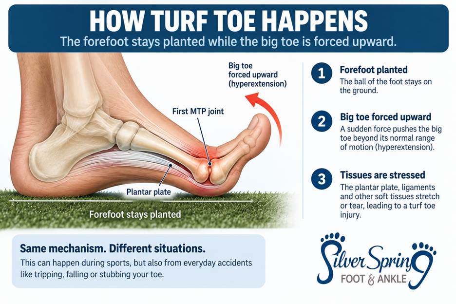 Illustration: How Turf Toe Happens; the foot stays planted while the big toe is forced upward