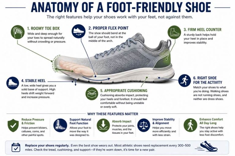 Illustration: Anatomy of a Foot-Friendly Shoe; shoes and foot pain
