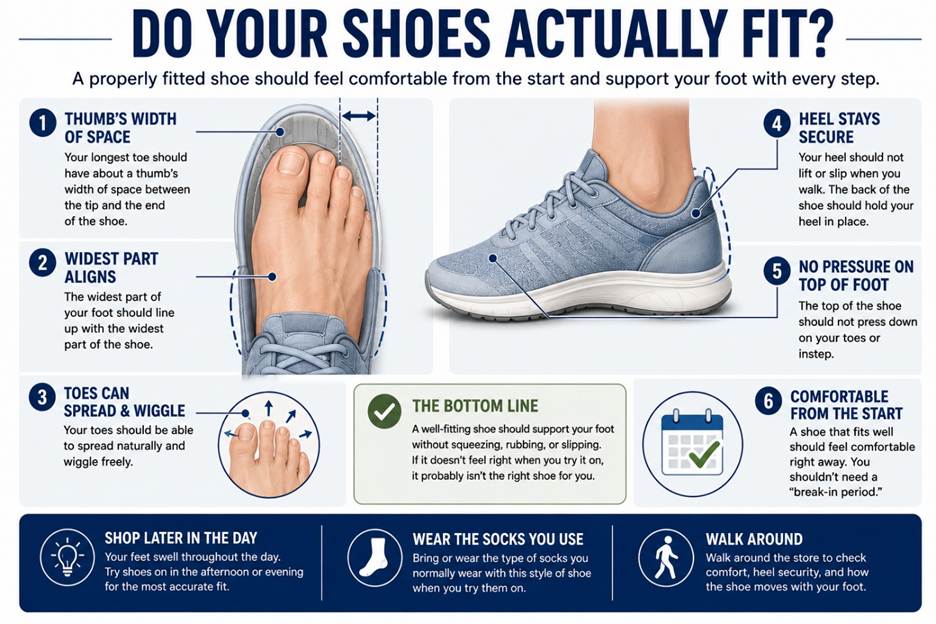Illustration: Do Your Shoes Actually Fit; properly fitted shoe can help avoid foot pain