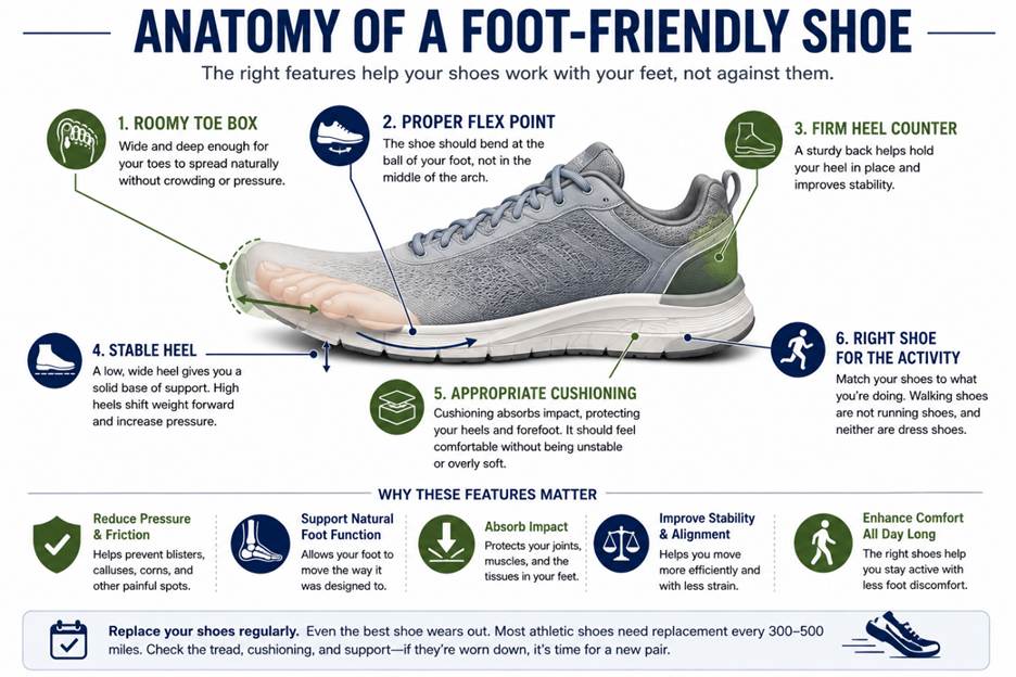 Illustration: Anatomy of a Foot-Friendly Shoe; shoes and foot pain