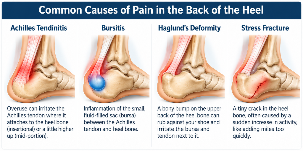 Illustration: Common causes of pain in the back of the heel
