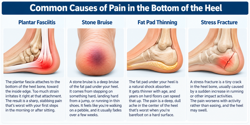 Illustration: Common causes of pain in the bottom of the heel, Silver Spring Foot & Ankle podiatrists; Mechanicsburg