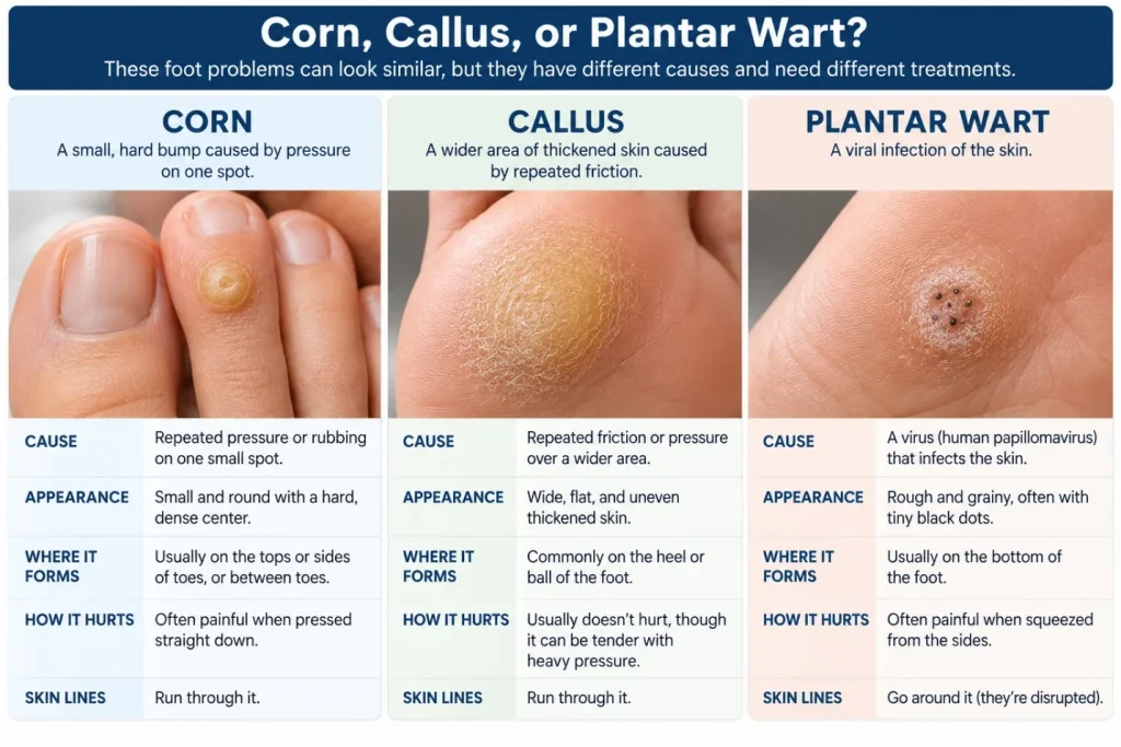 Illustration: Corn, callus, or plantar wart, and how to tell them apart
