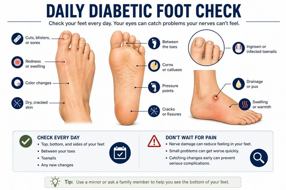 Daily diabetic foot check: look over the top, bottom and sides of your feet, between the toes and at your toenails for cuts, blisters, redness, swelling, colour changes, corns, calluses, cracks, drainage or warmth