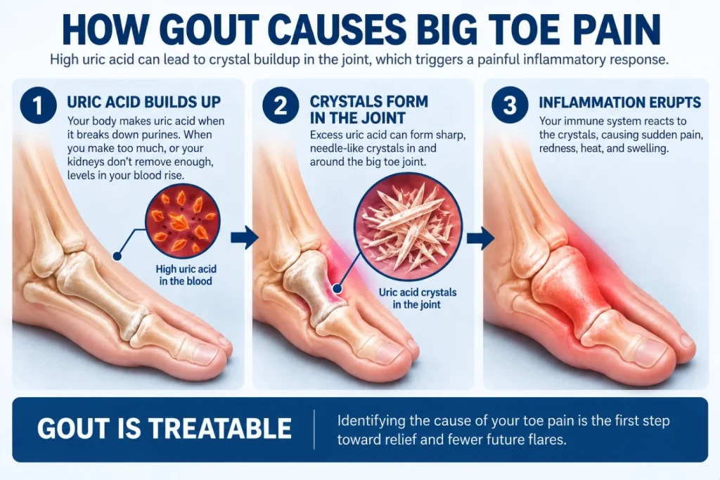 How gout causes big toe pain: uric acid builds up in the blood, forms sharp crystals in and around the big toe joint, and the immune system reacts with sudden pain, redness, heat and swelling