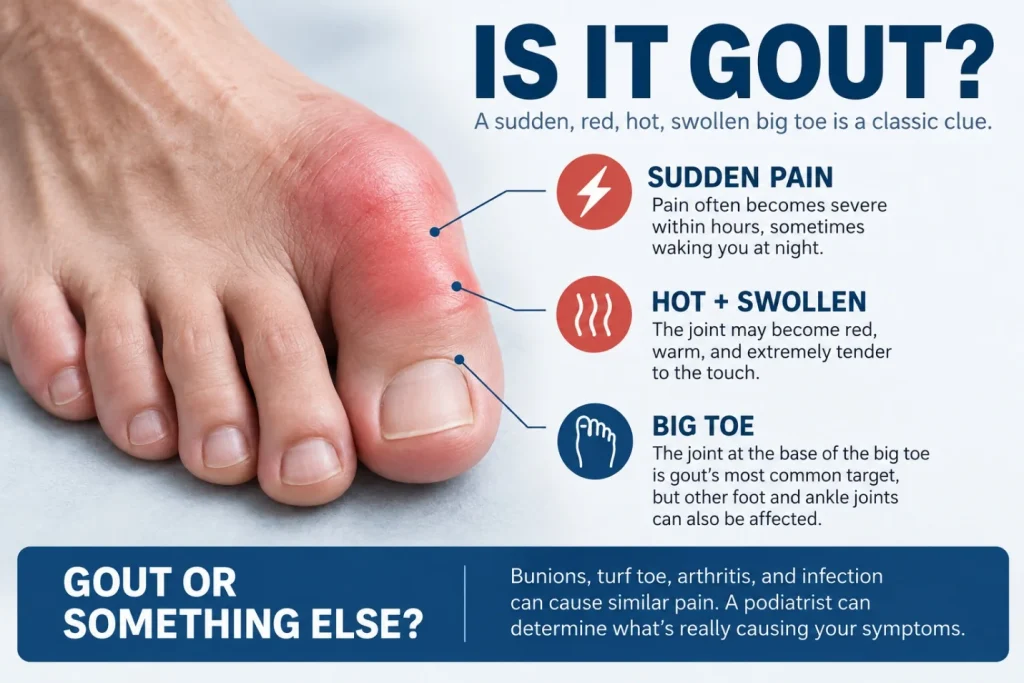Is it gout? A sudden, red, hot, swollen big toe is a classic clue: pain often becomes severe within hours, the joint is hot and extremely tender, and the base of the big toe is the most common site