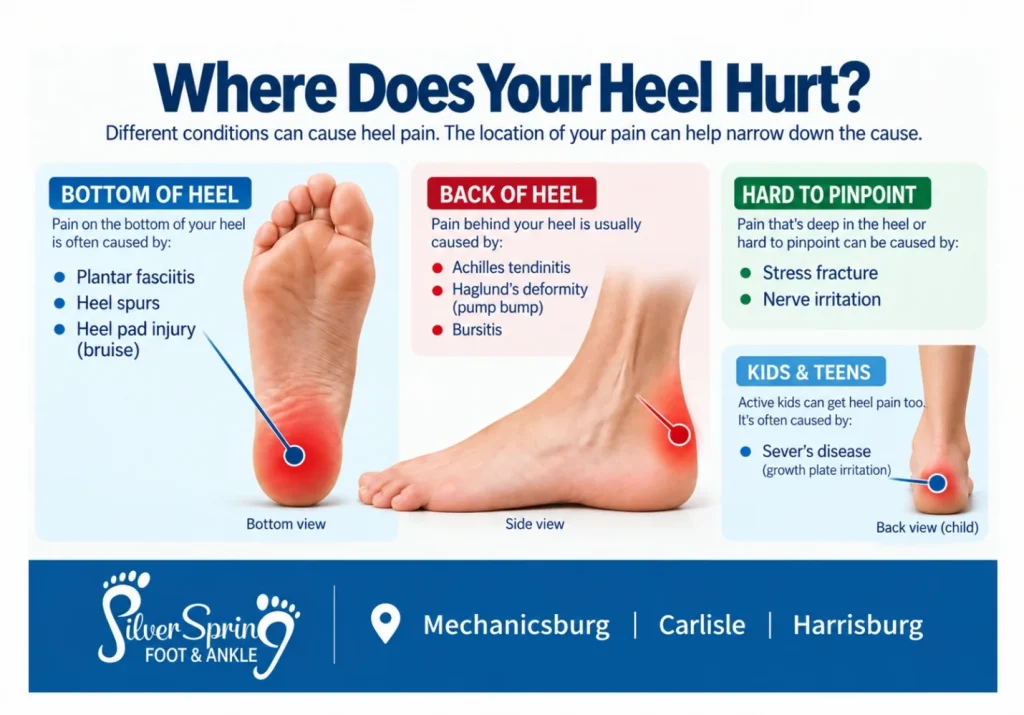 Where heel pain comes from: bottom of the heel (plantar fasciitis, heel spurs, heel pad bruise), back of the heel (Achilles tendinitis, Haglund’s deformity, bursitis), deep or hard to pinpoint (stress fracture, nerve irritation), and in kids and teens (Sever’s disease)