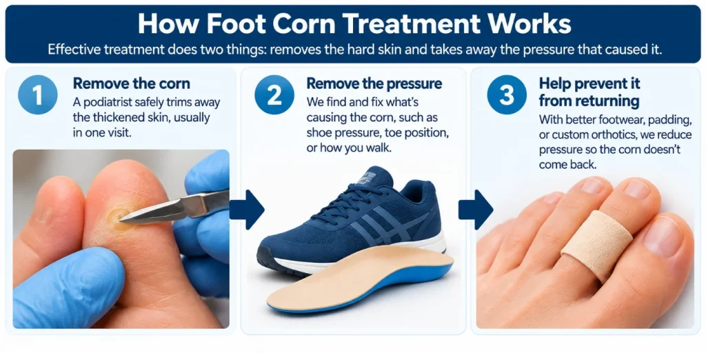 Illustration: How foot corn treatment works: remove the corn, take away the pressure, and help keep it from coming back