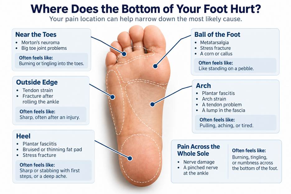 Medical illustration showing common locations of pain on the bottom of the foot | Silver Spring Foot & Ankle, Mechanicsburg, PA