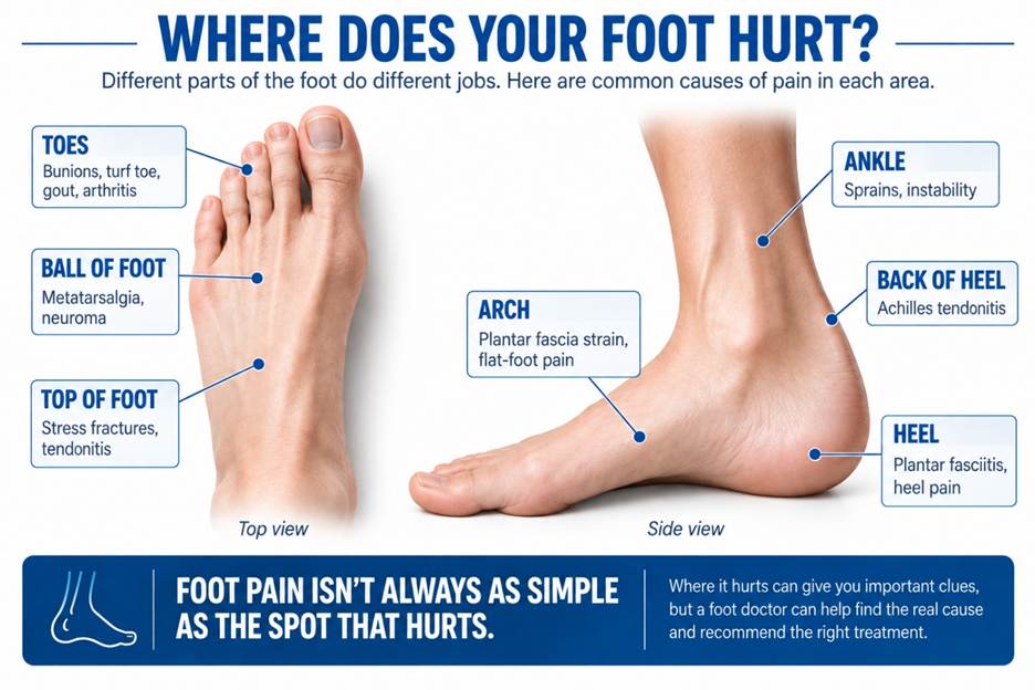 Illustration: Where Does Your Foot Hurt. Common causes of pain in parts of the foot.