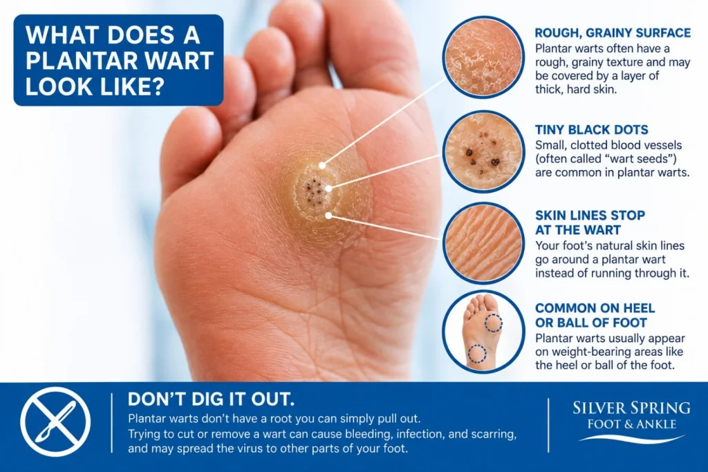 What a plantar wart looks like: a rough, grainy surface, tiny black dots, skin lines that stop at the wart, and a common position on the heel or ball of the foot
