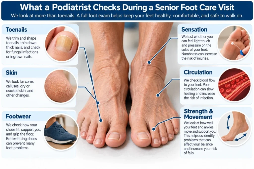 Illustration: What a podiatrist checks during a senior foot care visit: toenails, skin, footwear, sensation, circulation, and strength and movement