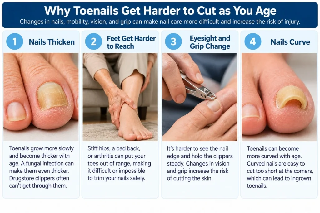 Illustration: Why toenails get harder to cut as you age: thicker nails, harder-to-reach feet, changes in eyesight and grip, and curved nails
