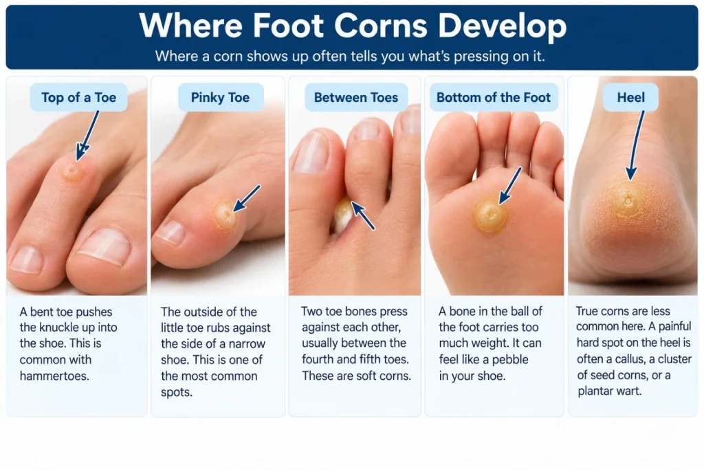 Illustration: Where foot corns develop: top of a toe, pinky toe, between the toes, bottom of the foot, and heel